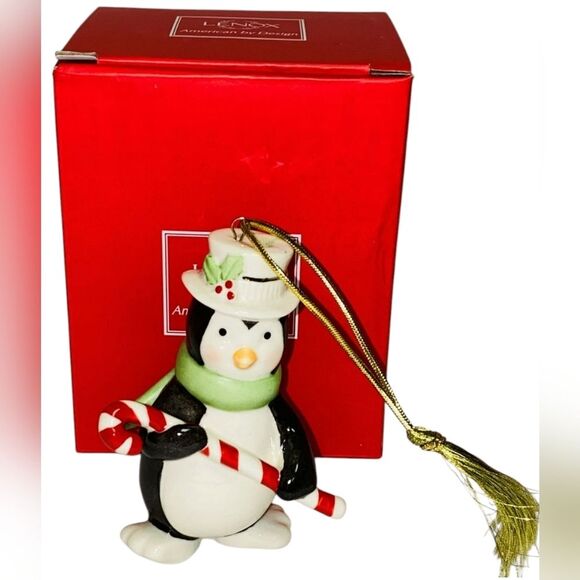 Lenox Very Merry Christmas Porcelain Penguin Candy Cane Ornament American Design - Picture 1 of 4